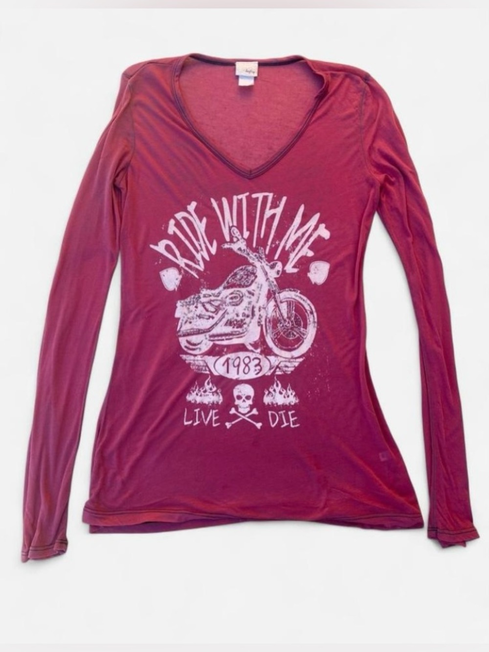 Y2k Grunge Pink & White Ride With Me Motorcycle & Skull Top with Rhinestones - Picture 2 of 4